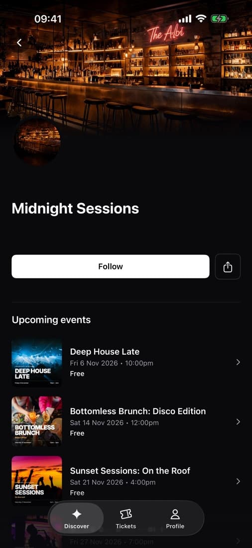 A brand page in the Covered Discover app with a Follow button