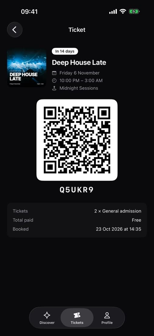 A ticket with its QR code in the Covered Discover app