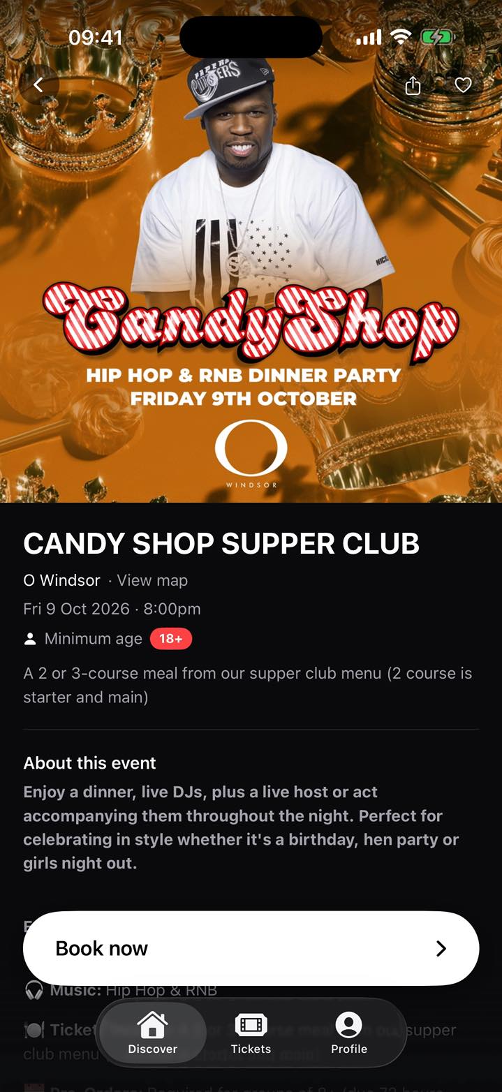 A guest booking in the Covered app, from the event page to booking confirmed